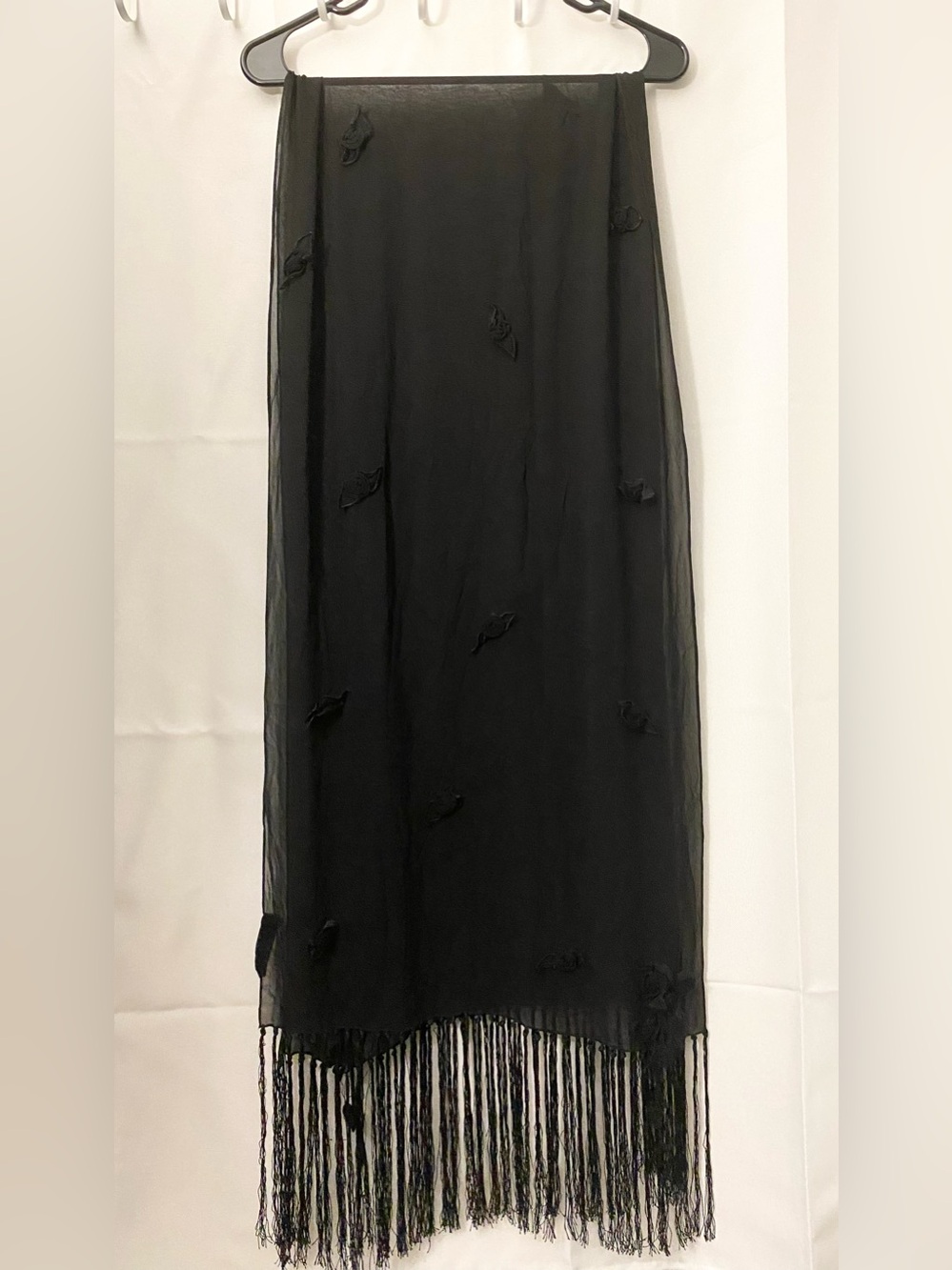 Sue Wong Black Sheer Fringe Wrap with Rosette Appliqués